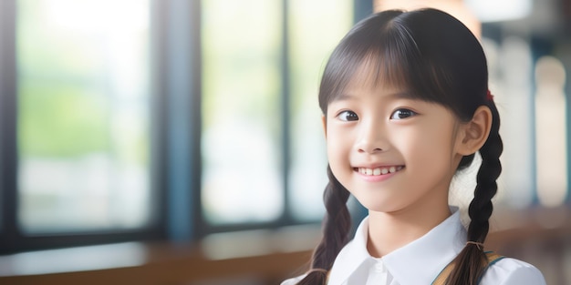 Een klein Aziatisch schoolmeisje dat vreugde uitstraalt door haar glimlach.