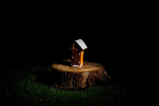 Een klein beeldje van een huis op een boomstronk en groen gras eromheen