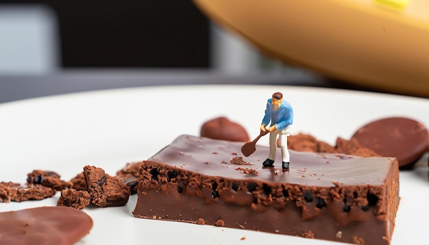 Een klein beeldje van een man die een stuk chocola aanveegt.