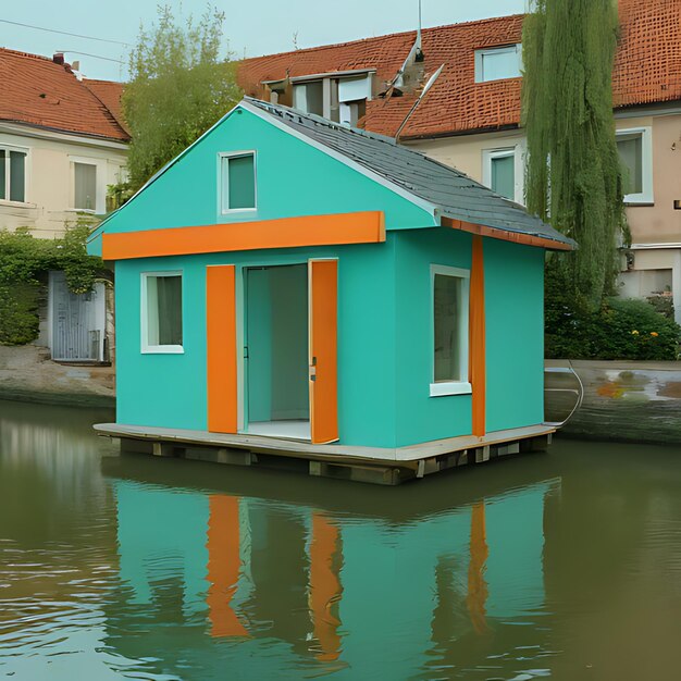 Foto een klein blauw huis met oranje trim wordt weerspiegeld in het water