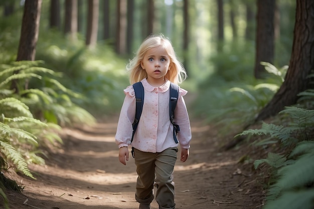 Een klein blond meisje met een verwarde blik op een pad in het bos.