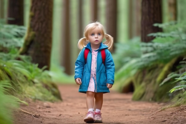 Een klein blond meisje met een verwarde blik op een pad in het bos.