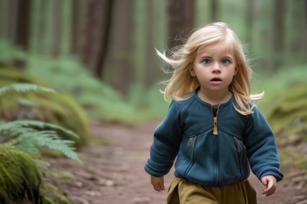 Een klein blond meisje met een verwarde blik op een pad in het bos.