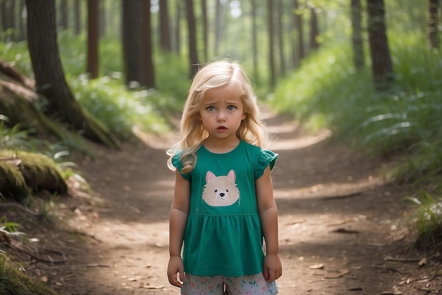 Een klein blond meisje met een verwarde blik op een pad in het bos.