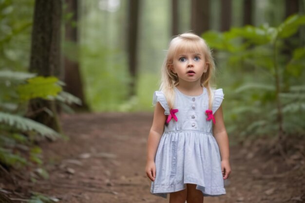 Een klein blond meisje met een verwarde blik op een pad in het bos.