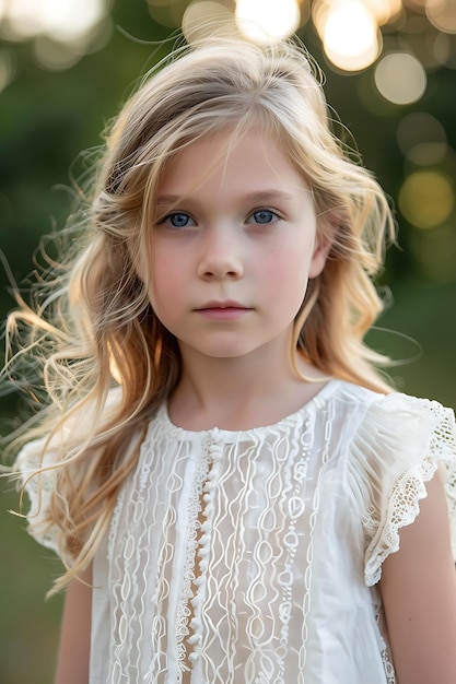 Een klein blond meisje met een witte blouse.