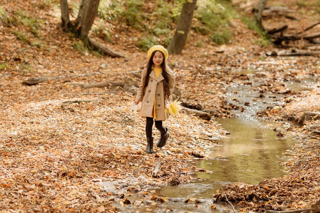 Een klein brunette Aziatisch meisje in herfstkleren loopt in het herfstbos bij een beekje