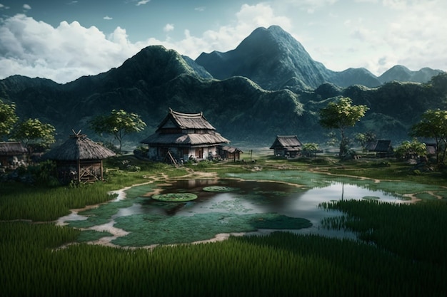 Een klein dorp voor een grote berg een schilderij van een rijstveld met bergen op de achtergrond Generatieve AI