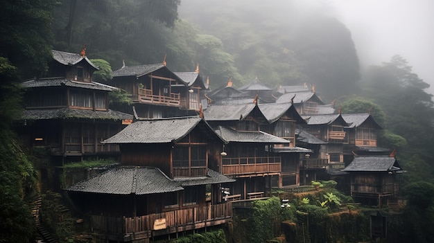 Een klein dorpje in de mist