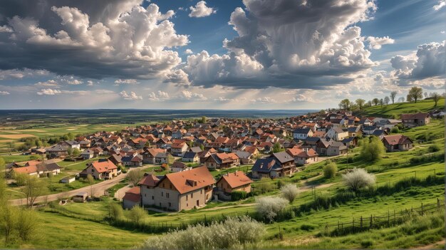 Foto een klein dorpje met een hemel en wolken op de achtergrond