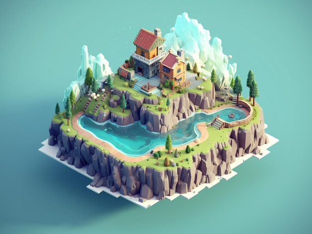 Een klein eiland met een huis erop.