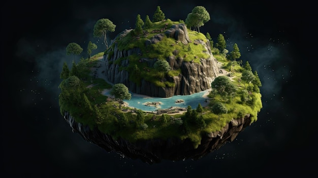 Een klein eiland met een meer en bomen erop
