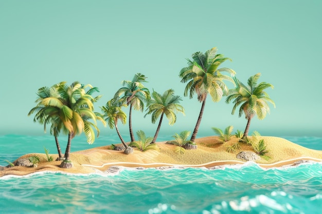 Een klein eiland met palmbomen en een blauwe oceaan op de achtergrond