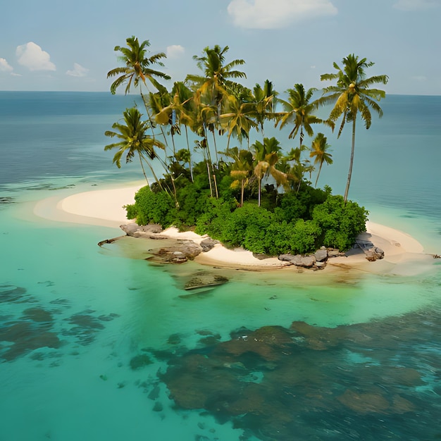 een klein eiland met palmbomen op het strand