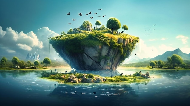 Een klein eiland op het oppervlak van een meer met een waterval en vogels