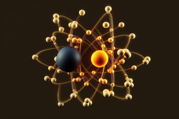 Een klein en een groot molecuul in de vorm van een atoom geïsoleerd op een zwarte achtergrond gemaakt met generatief
