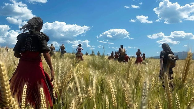 Foto een klein festival in een gigantisch tarweveld met miniatuur mensen die dansen.