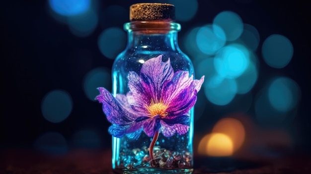 Een klein flesje met een paarse bloem erin