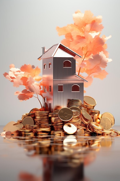 Een klein gedetailleerd modelhuis wordt omringd door stijgende stapels gouden munten die het concept van huiseigendom als een financiële investering weergeven