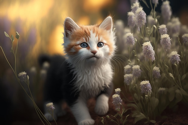 Een klein gemberkatje loopt trots tussen de bloemen realistische ilustration Generative AI