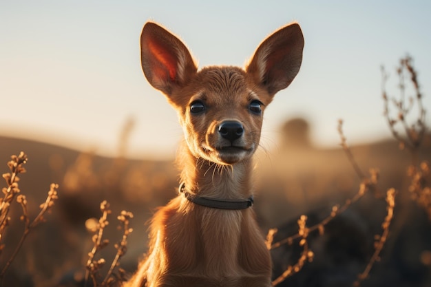 een klein hert staat in een veld bij zonsondergang