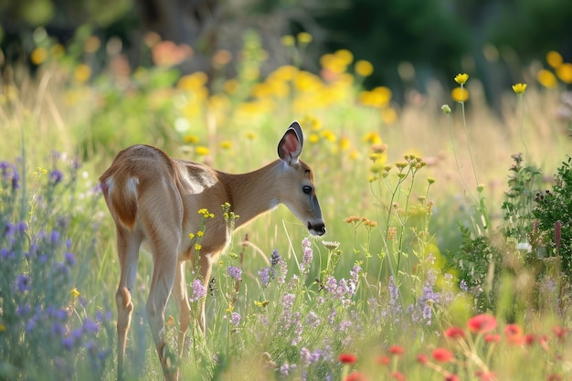 Een klein hert staat te midden van een kleurrijk veld van bloemen dat de harmonieuze coëxistentie van dieren in het wild en de natuur toont.