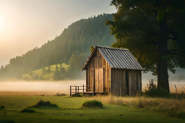 Een klein houten huis in een veld met bergen op de achtergrond