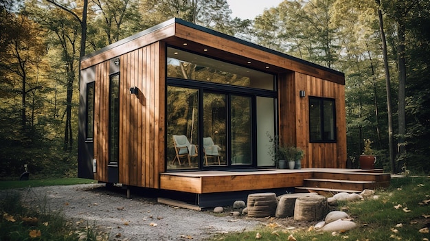 Een klein huis met een dek en een houten dak.