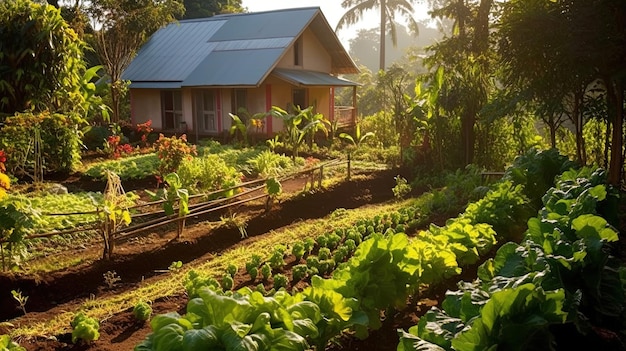 Een klein huis met een moestuin in de natuur Leef een eenvoudig leven op het platteland van Thailand Generative AI