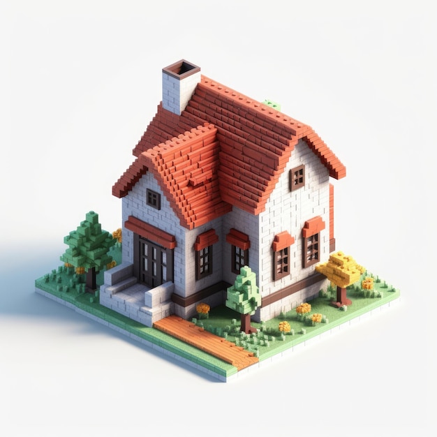Een klein huis met een rood dak en een kleine tuin.