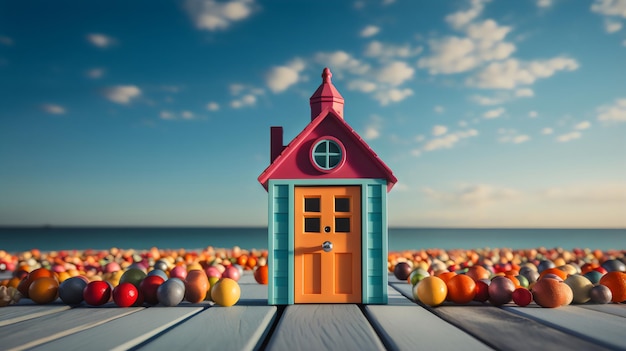 een klein huis op een pier met een rood dak en een rode deur