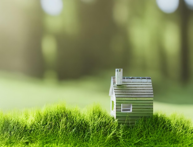 Foto een klein huis staat op een grasveld met een groen veld op de achtergrond.