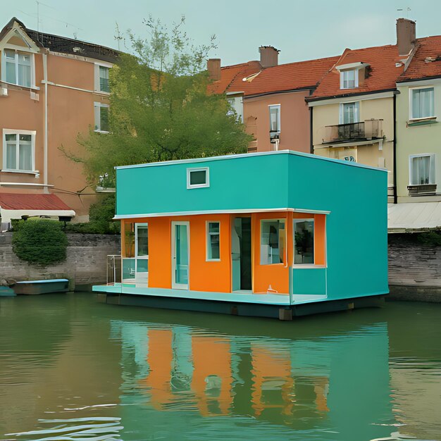 Foto een klein huisje dat blauw en oranje is