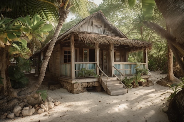 Een klein huisje in de jungle met een palmboom op de achtergrond.