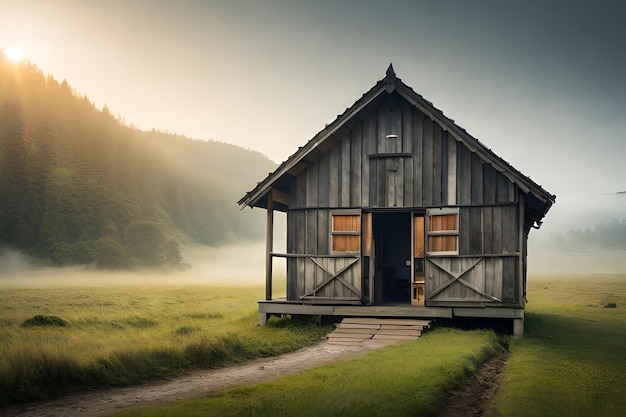 Een klein huisje in een veld met een mistige lucht op de achtergrond.