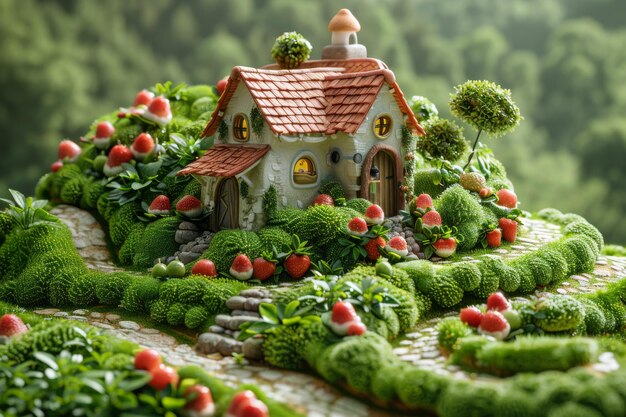 Een klein huisje met een tuin ervoor.