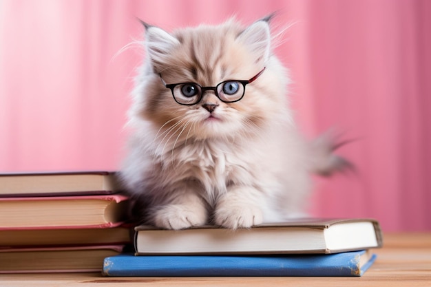 Een klein katje zat op een stapel boeken met een schattige roze bril