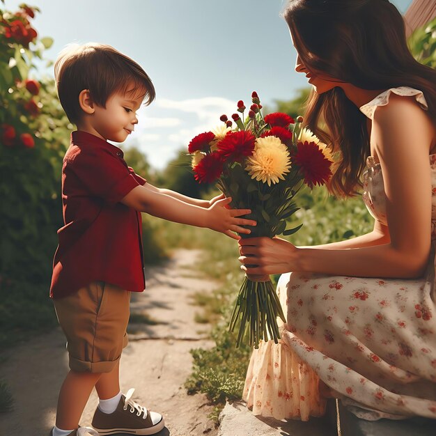 Een klein kind geeft bloemen aan zijn moeder.