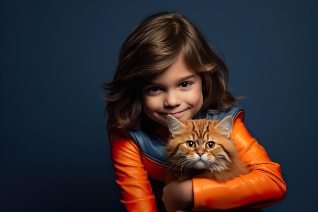 Een klein kind in een superheldenkostuum dat zijn kattenpartner op een donkerblauwe achtergrond vasthoudt