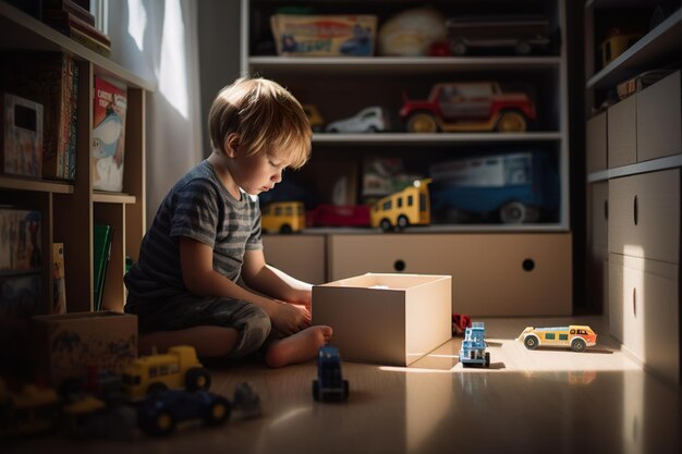 Een klein kind speelt met speelgoed in de kinderkamer.