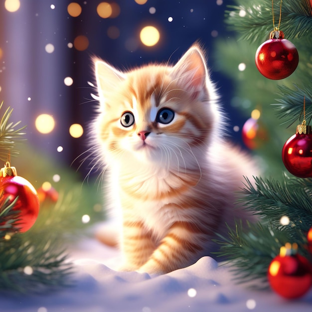 een klein kitten onder de kerstboom voor kerst generatieve ai