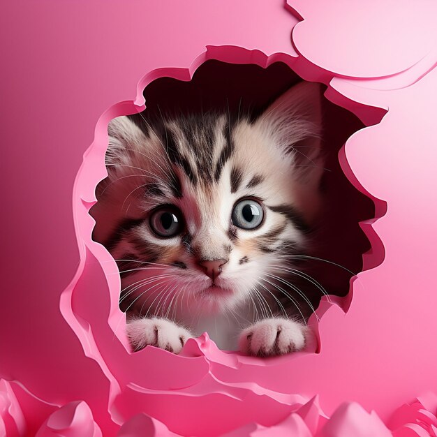 Een klein kitten peekend door het gat van een roze muur