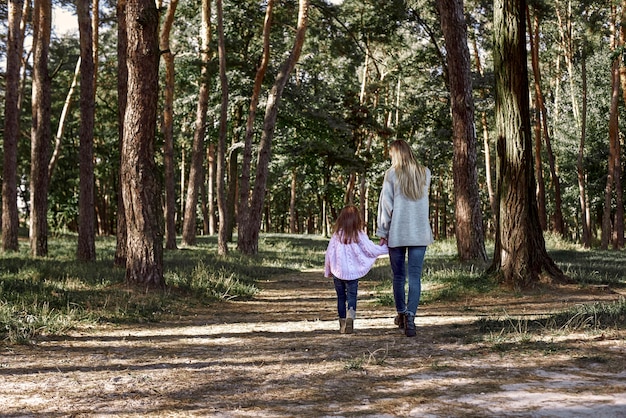 Een klein krullend meisje in trui loopt met haar moeder in het bos. Koud seizoen, felle zon wordt gezien door de bomen.