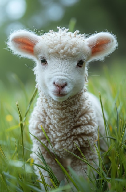 Een klein lam zit in het gras. Een schattig lam.