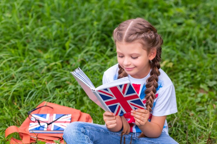 Een klein meisje bestudeert een boek over de Engelse taal zittend op het gazon.