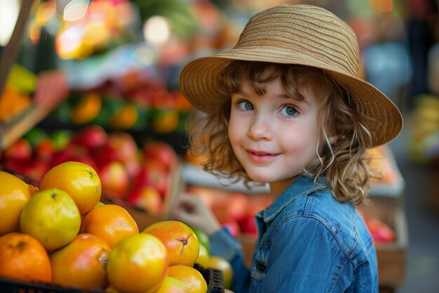 Een klein meisje bij een stapel fruit