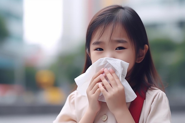 een klein meisje blaast haar neus met een zakdoek in haar hand