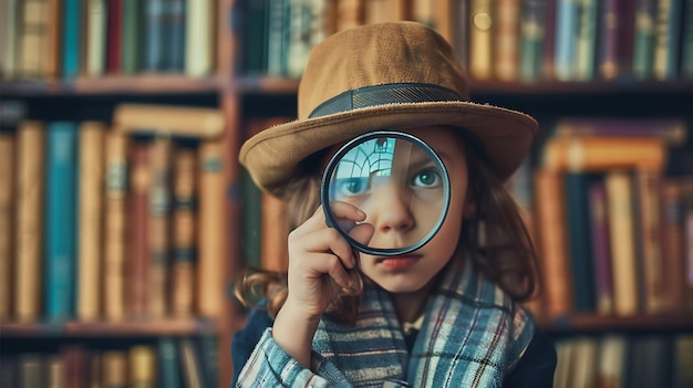 Een klein meisje dat detective speelt met een vergrootglas tegen haar oog met een serieuze blik op haar gezicht ze draagt een bruine hoed en een geruite sjaal