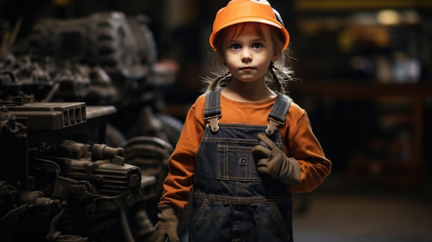 Foto een klein meisje dat doet alsof het een monteur is het concept van kinderen in volwassenheid