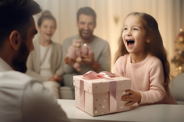 een klein meisje dat een cadeautje opent verrast met haar ouders achter haar lachend in zachte tinten